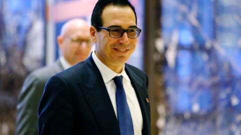 Adviser Steven Mnuchin arrives at Trump Tower in New York on Nov. 17.
