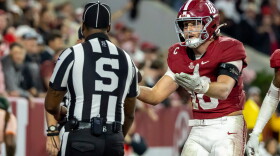 Alabama defensive back Bray Hubbard (18) argues unsuccessfully that he made an interception in the end zone against Georgia during the second half of an NCAA college football game Saturday, Oct. 10, 2026, in Tuscaloosa, Ala. (AP Photo/Vasha Hunt)