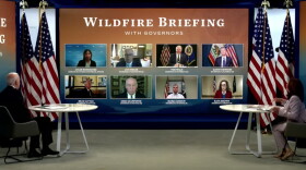  President Joe Biden and Vice President Kamala Harris attend a virtual wildfire briefing with seven governors.