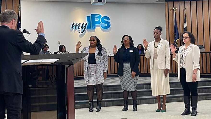 Indianapolis Mayor Joe Hogsett swears in the newest members of the Indianapolis Public Schools Board of Commissioners during the board's meeting, Tuesday, Jan. 7, 2025: Ashley Thomas, District 1; Deandra Thompson, at large; Allissa Impink, District 4; and Gayle Cosby, District 2.