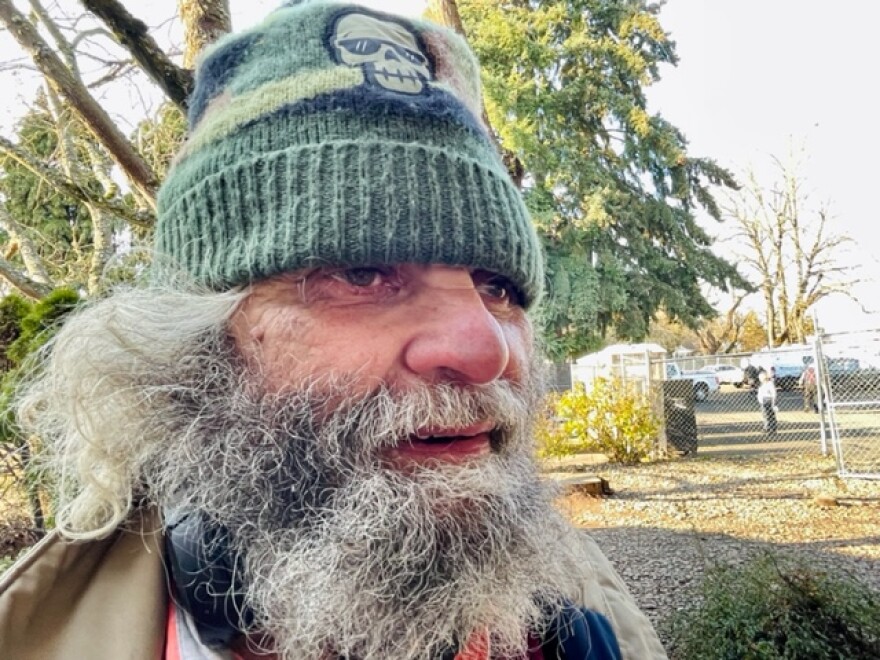 Daniel Irving has been homeless in Eugene for 20 years. He stays at the Dusk to Dawn shelter and walked down Highway 99 to enjoy a holiday meal. Irving will turn 65 on December 15th, 2022.