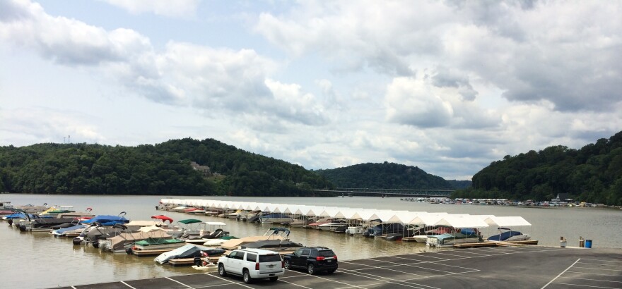 Boats docked along the shore of Cheat Lake near Morgantown.