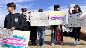 Students gather near Owasso High School on Feb. 26, 2024 for a gathering to remember Nex Benedict.