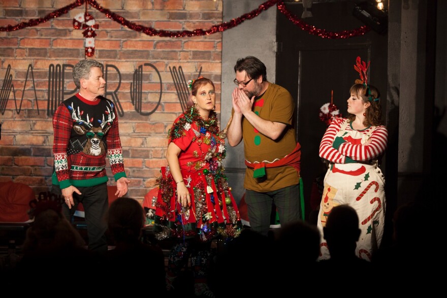 The Brazos Theatre Improv troupe perform during the 2024 Ugly Christmas Sweater Improv show.