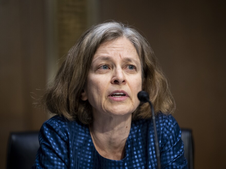 Sarah Bloom Raskin, President Biden's nominee to be the Federal Reserve's vice chair for supervision speaks during her confirmation hearing at the Senate Banking Committee on Feb. 3. Sen. Joe Manchin said on Monday he will oppose her nomination, likely dooming her chances.