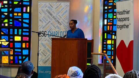 LISC Charlotte's Ralphine Caldwell announces a new partnership with CVS Health at First Baptist Church West on Wed, Feb. 18, 2026.