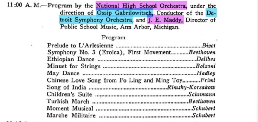 National High School Orchestra Program for April 16, 1926 11:00 a.m. - Program by the National High School Orchestra, under the direction of Ossip Gabrilowitsch, Conductor of the Detroit Symphony Orchestra, and J.E. Maddy Director of Public School Music, Ann Arbor, Michigan. Program Prelude to L'Arlesienne - Bizet Symphony No. 3 (Eroica), First Movement - Beethoven Ethiopian Dance - Delibes Minuet for Strings - Bolzoni May Dance - Hadley Chinese Love Song from Po Ling and Ming Toy - Friml Song of India - Rimsky Korsakov Children's Suite - Schumann Turkish March - Beethoven Moment Musical - Schubert Marche Militaire - Schubert