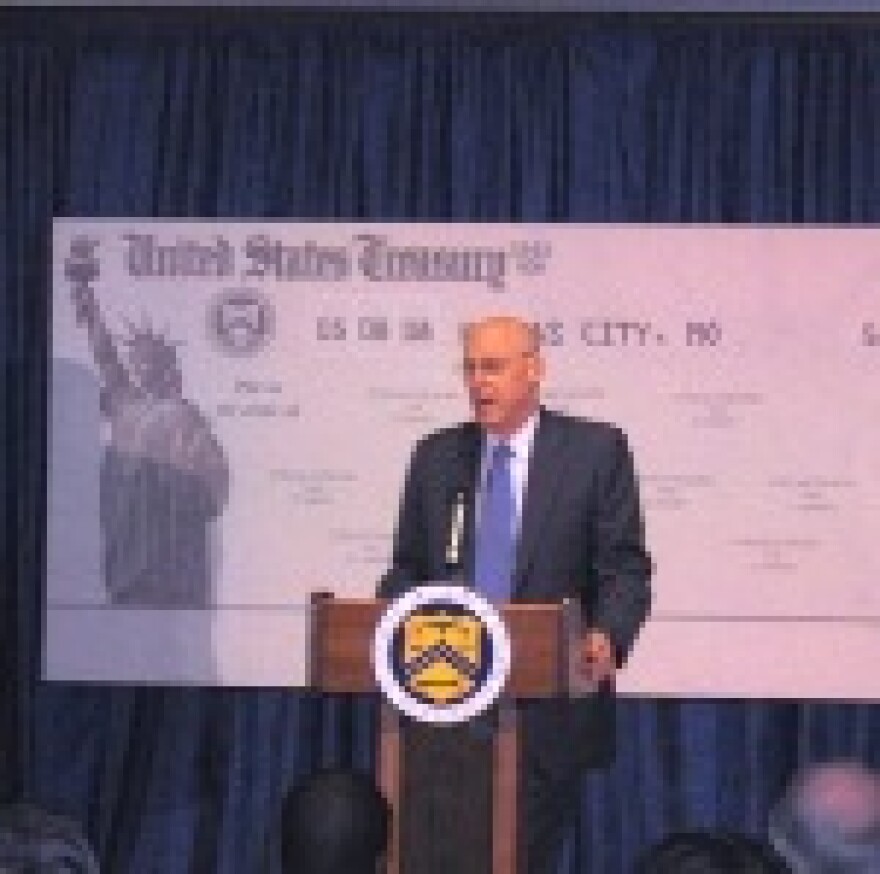 U.S. Treasury Secretary Henry Paulson Jr. outlines mechanics of processing economic stimulus checks. He spoke at Kansas City Central Library Thursday.