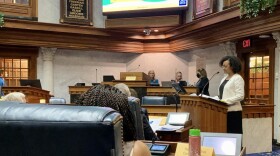 Department of Child Services Director Terry Stigdon, at lectern, testified at the first meeting of the newly-created Study Committee on Child Services.