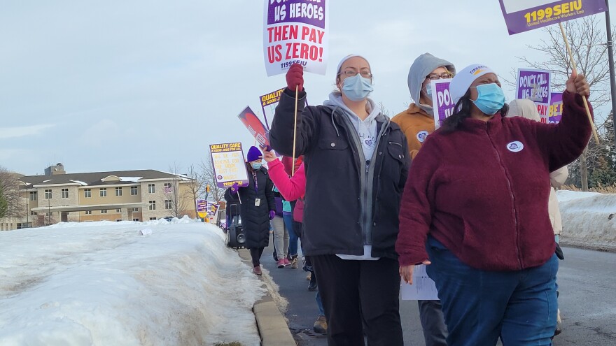 Our Lady of Peace workers hold a picket outside the nursing home Feb. 10, 2022. Workers will hold a one-day strike Wednesday, March 9, 2022.