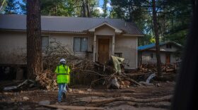 Post-fire flooding damage in Ruidoso, pictured in July. The state has $14 million less to spend on hazard mitigation and rebuilding from wildfires following an unexplained FEMA cut in late July, according to state officials. (Photo by Danielle Prokop / Source NM)