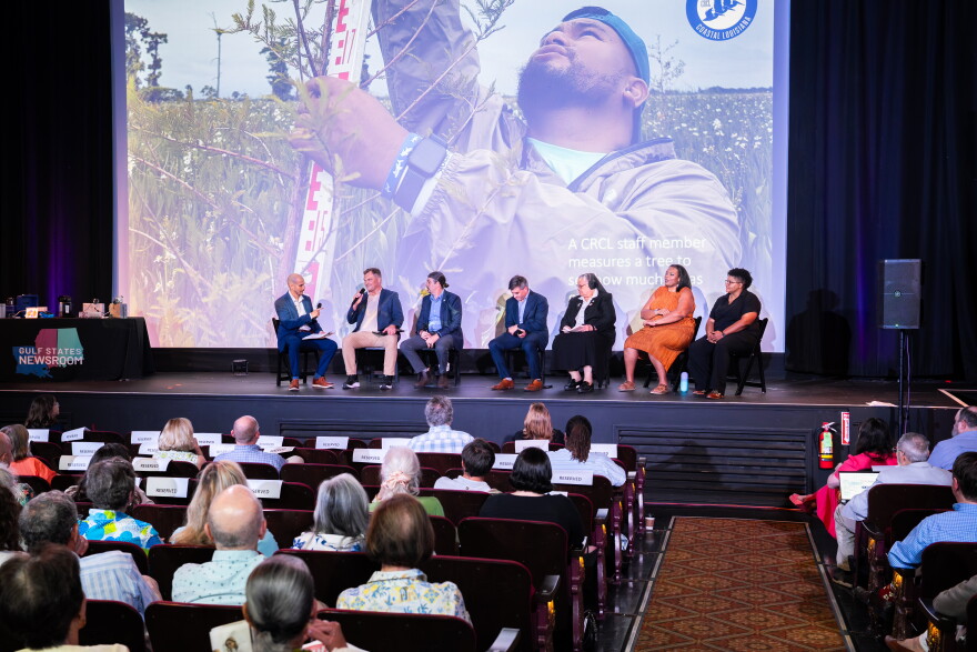 Gulf States Newsroom senior reporter Drew Hawkins hosts a panel at the Katrina: The Next 20 Years event at the Prytania Theatre in New Orleans on Aug. 20, 2026.