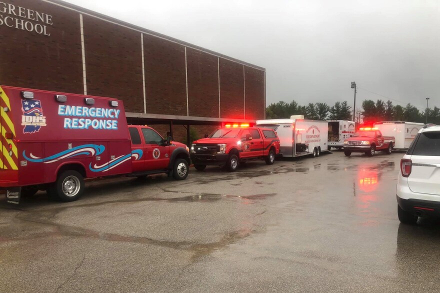 Emergency vehicles respond to a hazardous material incident at Eastern Greene Middle School Aug. 22, 2019.