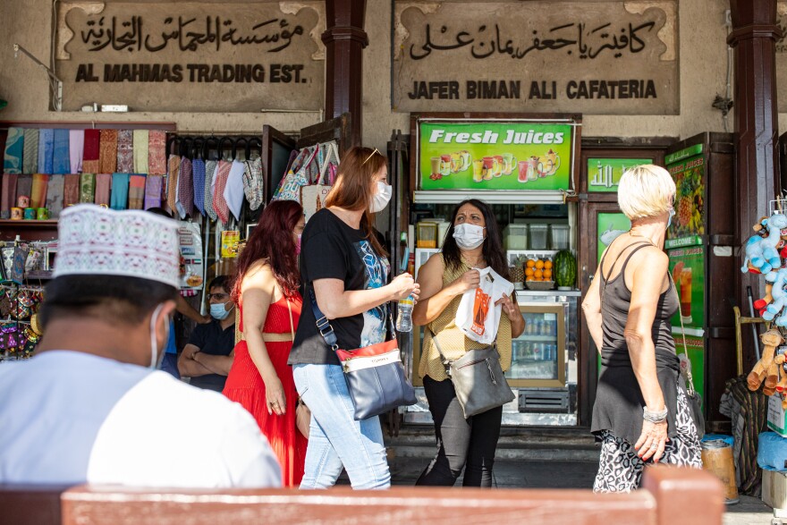 Israeli tourists, including elementary schoolteacher Ilanit Zighelboim, walk through the grand souk in Dubai last month.