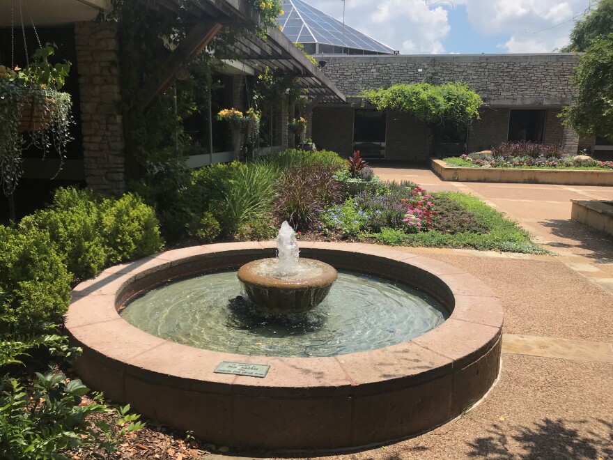 A small fountain runs along a pathway surrounded by plants.