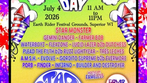The poster for Spindependence Day Festival 2026. There is an image of an eye in between the spacing of Spindependence and Day. It also lists the bands lineup: Star Monster, Gemini Danger, Farmer Bob, Waterboyz, FlexZone, Lucid Lazer b2b Dutchess, Plead the Filth b2b Ruzz Lightyear, Tres Leches, A.M.S.H., EVOLVE, Gordito Supreme b2b Evermore, Porb, Finder, INF3RNO, Builder and Destroyer. 