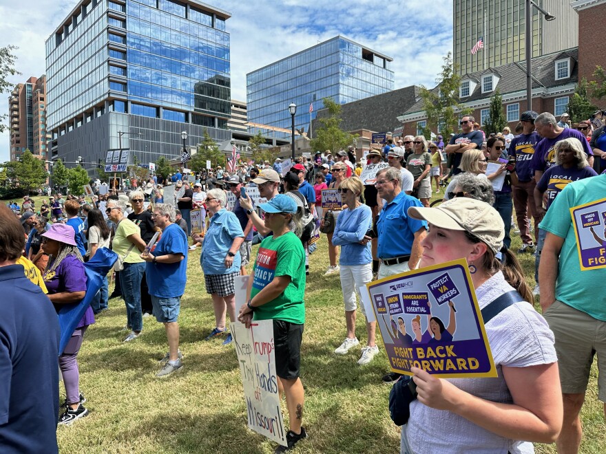 A rally decrying a redistricting and initiative petition special session drew hundreds of people on Sept. 1, 2025, to Shaw Park in Clayton, Missouri. The special session is slated to begin on Wednesday.