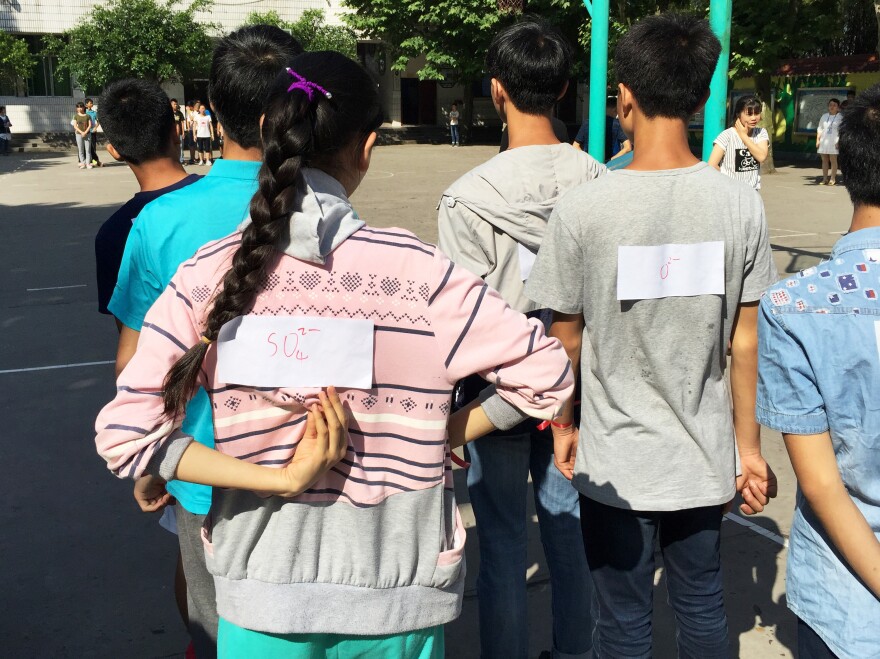 Students at Cold Water Well school affix signs identifying themselves as chemicals for a special game of tag in their combined chemistry and physical education class. The object? Tag the students needed to start a chemical reaction.
