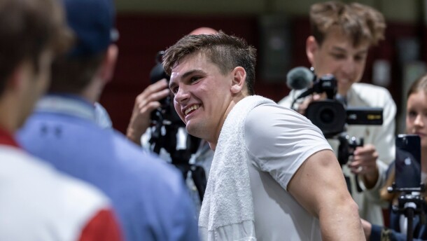 Quarterback Ty Simpson talks with the media during Alabama's NFL football pro day, Wednesday, March 25, 2026, in Tuscaloosa, Ala. (AP Photo/Vasha Hunt)