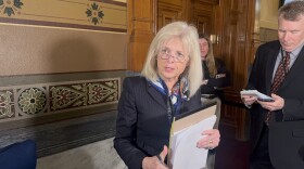 Sen. Liz Brown (R-Fort Wayne) talks to reporters outside the Indiana Senate chamber.