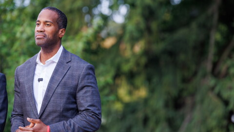 U.S. Rep. John James, the Republican nominee for Michigan governor, at a Charlie Kirk memorial press conference at Michigan State University in East Lansing, Mich., on Sept. 10, 2026.