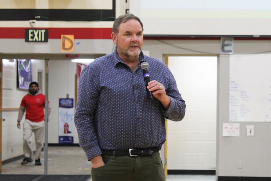 Kenai Peninsula Borough School District Superintendent Clayton Holland answers questions during a public meeting to address the proposed closure of Sterling Elementary School due to budget cuts on Wednesday, Mar. 25, 2026 in Sterling, Alaska.