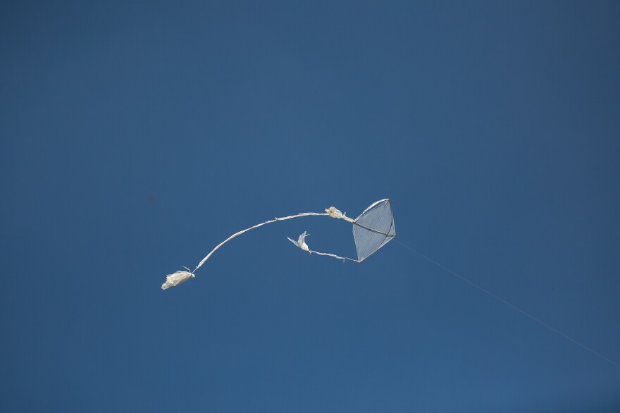 One of Khamal's kites flies over the camp.