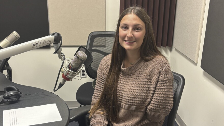 Adalyn Cruitt at the mic in NPR Illinois Studio F