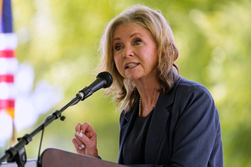 Sen. Marsha Blackburn, R-Tenn., speaks during a ceremony to rename a bridge after President Donald J. Trump, Thursday, July 9, 2026, in Dandridge, Tenn. (AP Photo/George Walker IV)