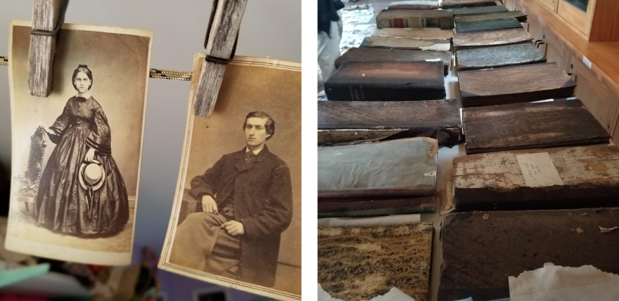 A collage of two images. On the left: old sepia-colored photographs pinned on a clothesline of young people posed for a portrait, on the right, two rows of old water-damaged books laid out on a table.