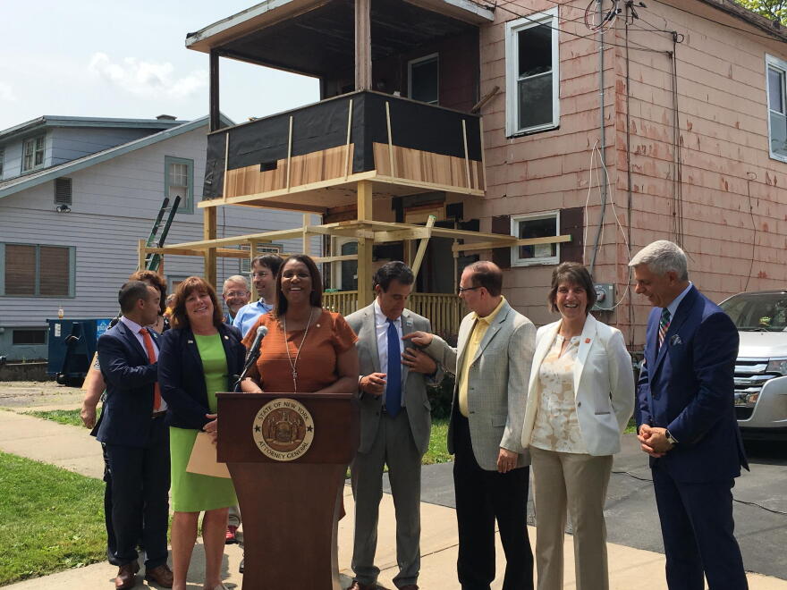 New York Attorney General Letitia James, center, in Utica. TOM MAGNARELLI / WRVO PUBLIC MEDIA