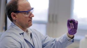 Purdue University professor Andrew Whelton looks at water sample from a faucet. The pink color shows that the sample may contain chlorine — a disinfectant used by utilities to kill bacteria.
