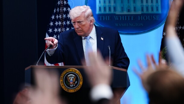 President Donald Trump speaks with reporters in the James Brady Press Briefing Room at the White House, Monday, April 6, 2026, in Washington. (AP Photo/Julia Demaree Nikhinson)