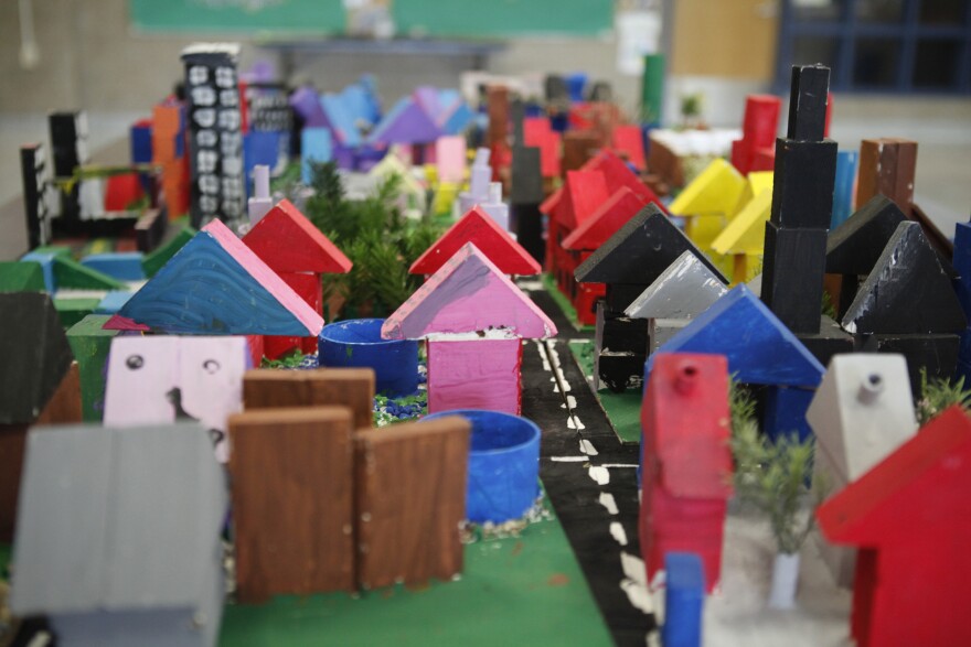 The miniature city students built in Mr. Spider's art classes. Fifth-graders made buildings out of milk cartons and fourth-graders assembled the city blocks and painted the roads.