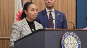 City Manager Sheryl Long and Mayor Aftab Pureval at a press conference on March 3, 2026.