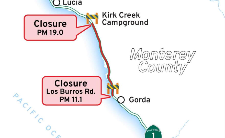A map from Caltrans showing a closure from mile marker 19.0 on the north end to mile marker 11.1 on the south end.