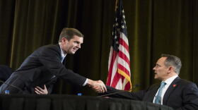 Andy Beshear and Governor Matt Bevin greet each other before the final Kentucky gubernatorial debate Oct. 29, 2019 at Northern Kentucky University.