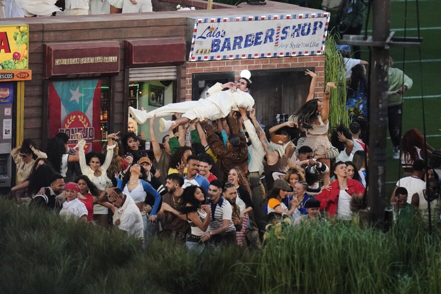 Bad Bunny performs during the halftime show of the NFL Super Bowl 60 football game between the Seattle Seahawks and the New England Patriots, Sunday, Feb. 8, 2026, in Santa Clara, Calif.