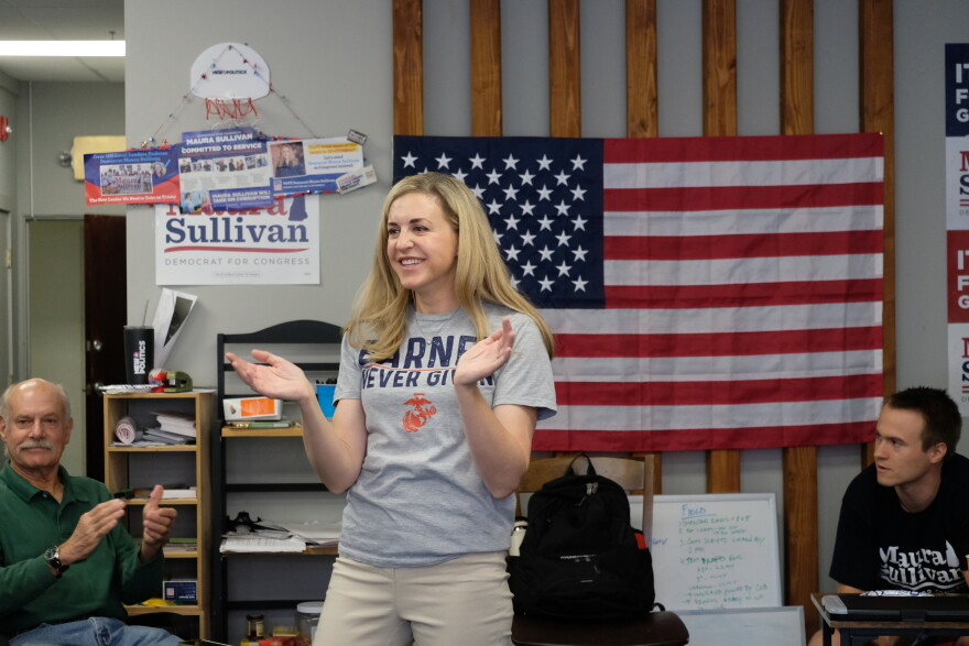 Maura Sullivan speaks to supporters at her campaign headquarters in Manchester, Sept. 6, 2026.