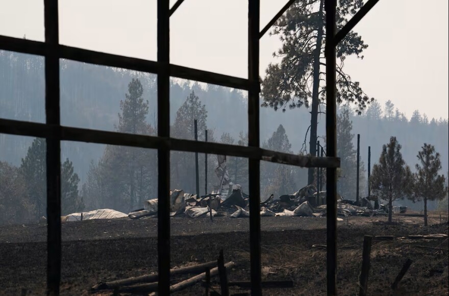 A burned structure near the unincorporated community of Friend, Ore., on Aug. 14, 2026.