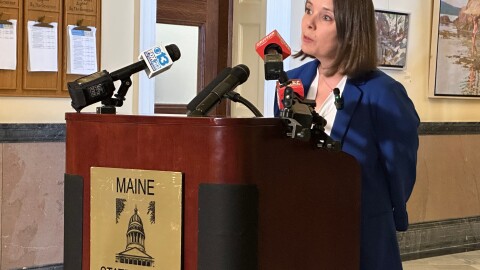 Maine Secretery of State Shenna Bellows speaks at a news conference at the Maine State House in Augusta on Monday, Oct. 6, 2025.