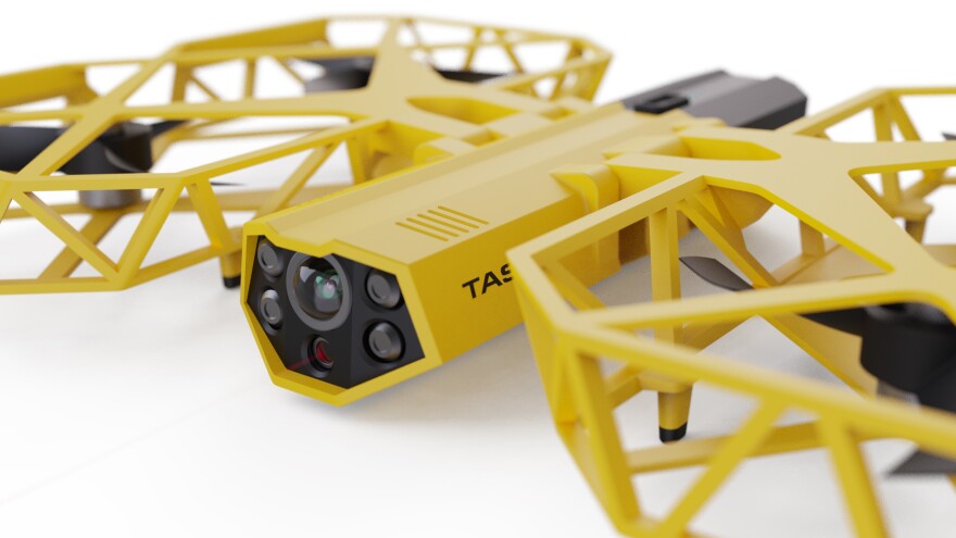 This photo provided by Axon Enterprise depicts a conceptual design through a computer-generated rendering of a taser drone.