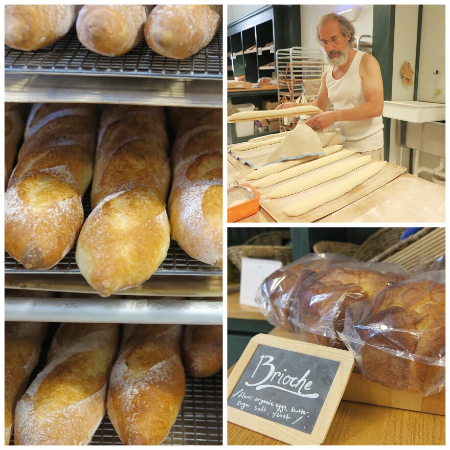 Clockwise: Francois Morin readies his bread for the oven after proofing. On Cooling baguettes crackle sounding like fine glass breaking. Brioche is a bread made with butter and eggs.