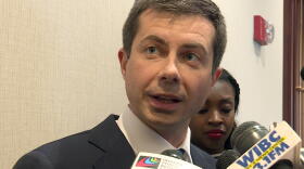 Mayor Pete Buttigieg (D-South Bend) speaks to reporters prior to his speech at an Indianapolis NAACP event.