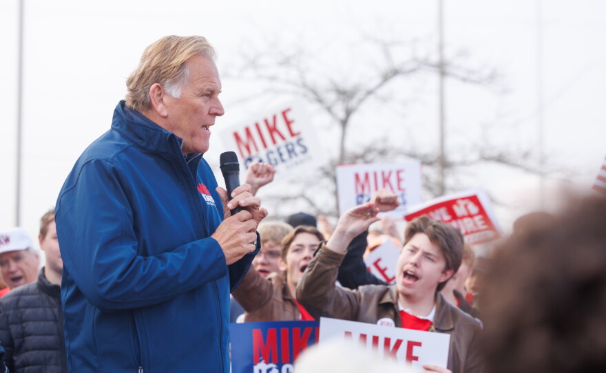 Republican U.S. Senate nominee Mike Rogers speaks in Lansing Township, Mich., on Oct. 24, 2026, during a stop on his "We Have a State to Save" bus tour.