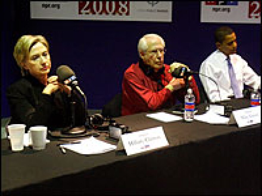 Sen. Hillary Clinton, former Sen. Mike Gravel and Sen. Barack Obama were among the seven Democratic presidential candidates participating in a debate sponsored by NPR and Iowa Public Radio.