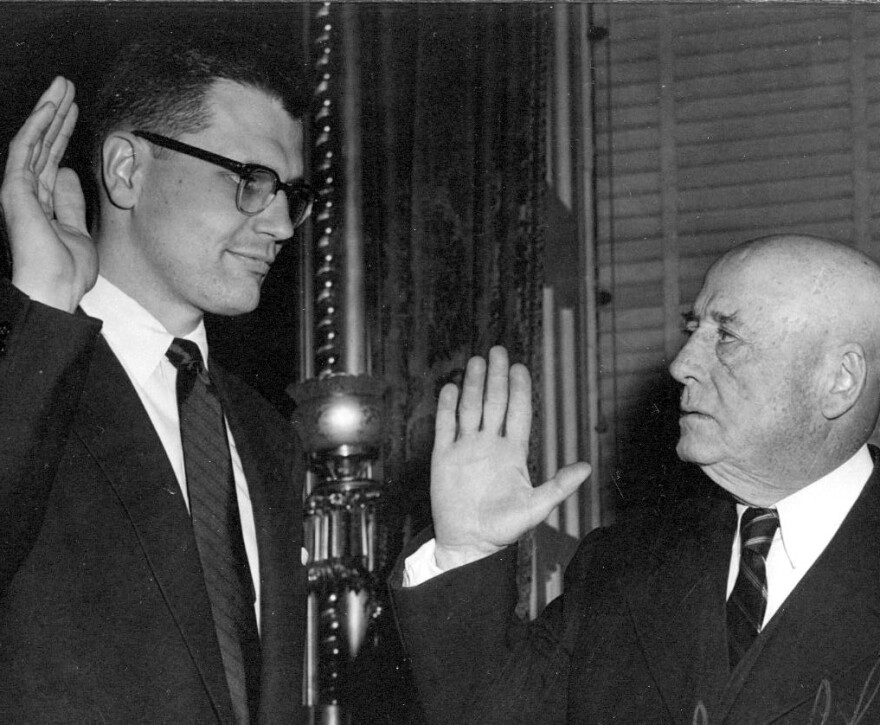 John Dingell, 29, is sworn in as a member of Congress in 1955 by House Speaker Sam Rayburn of Texas