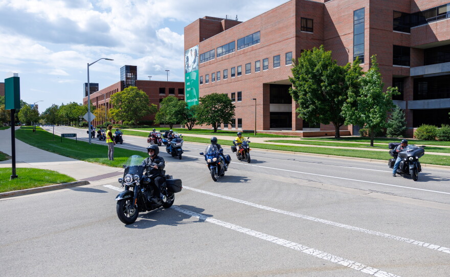 U.S. Sen. Gary Peters visits the Facility for Rare Isotope Beams at Michigan State University in East Lansing, Mich., on Aug. 28, 2026. The visit was the last stop on his final motorcycle tour of Michigan as senator.