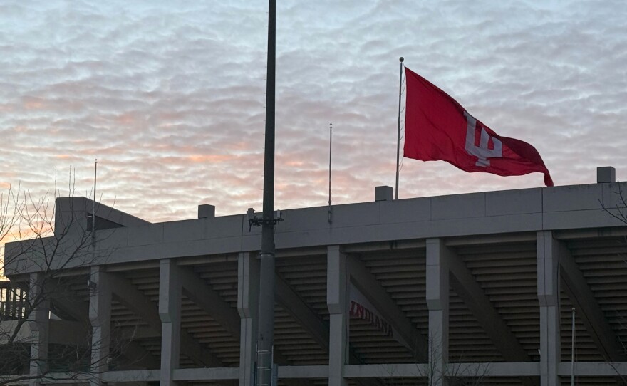 Indiana University's victory flag flies over Memorial Stadium on Tuesday, Jan. 20, 2026, in Bloomington, Ind.