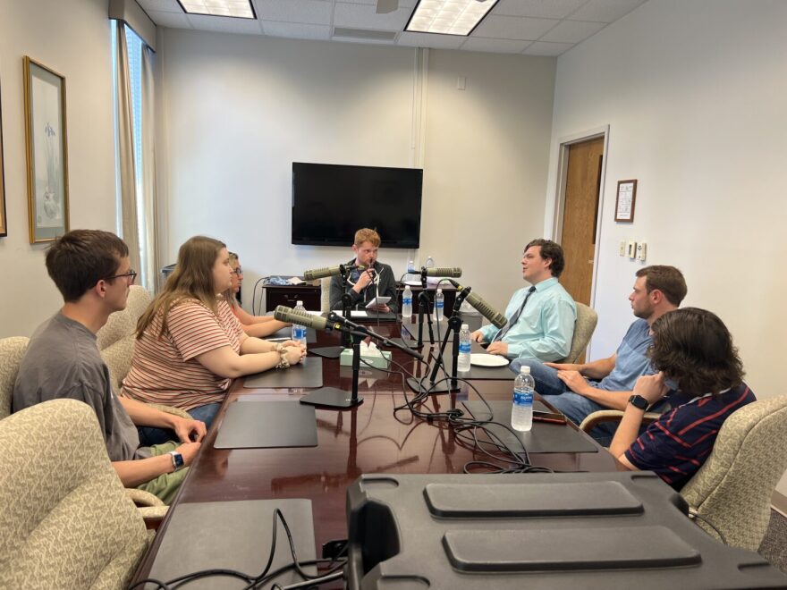 Participants at a listening session April 29 at Millersville University were, left row front to back, Tevon Kerr-Hornbaker, Alexis Stengel, Evelyn Morales; middle, WITF reporter Ben Wasserstein; right row back to front, Brayden Button, Zachary Pernia, Joshua Gearhart.
